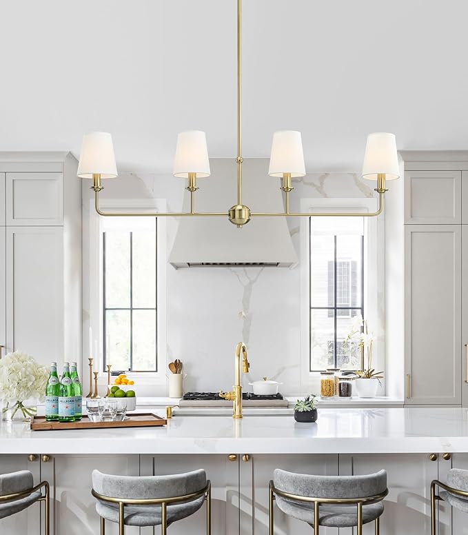 4-Light Brushed Gold Chandelier, Height Adjustable Island Dining Room Light with White Fabric Shades, E12 Base, Farmhouse & Industrial Style for Kitchen Living Room