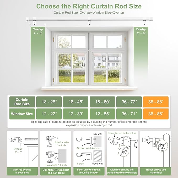 Sturdy Durable Curtain Rod:White Curtain Rods for Windows 36-88 Inch,Adjustable Heavy Duty Curtains Rod for Bedroom/Kitchen/Dorm/Apartment/Door,Small Modern Decorative Drapery Rods (All-Metal)