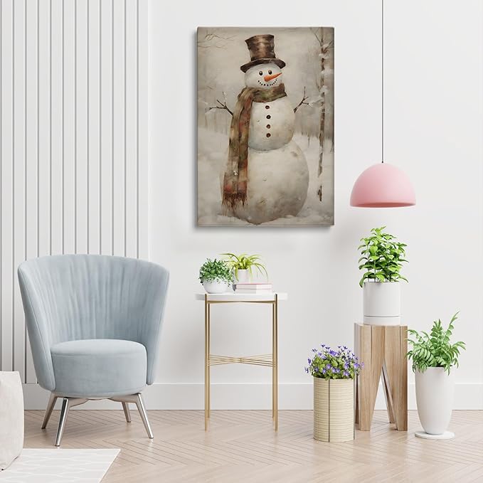 Christmas Snowman Wall Art - Rustic Still Life Painting, Vintage Art Print, Holiday Poster for Living Room Bedroom Decor - 16x24 Inch Unframed