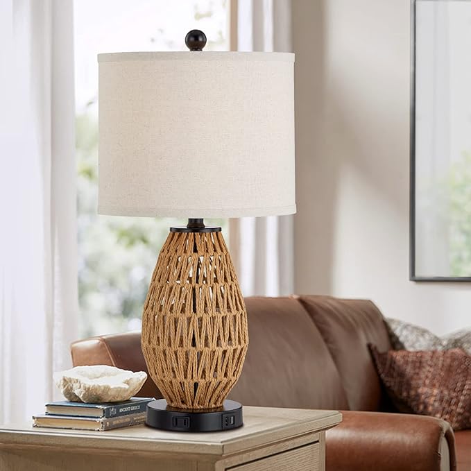 Touch Control Rattan Table Lamps, 3 Way Dimmable Bedside Lamps for Bedroom Set of 2 with 2 USB Ports and AC Outlet, Wicker Nightstand Lamps for Living Room (LED Bulbs Included), Rattan
