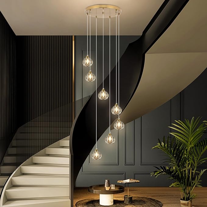 Crystal Chandeliers for Staircases, 7-Light Gold Modern Chandeliers for High Ceilings，Crystal Pendant Light Fixture for Living Room Kitchen Island Foyer Hallway Bar