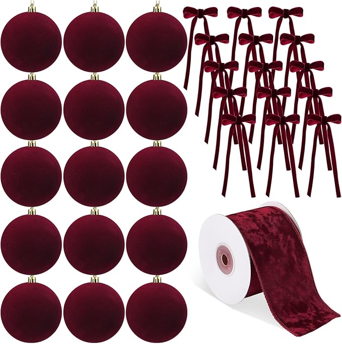 Syhood 46 Pcs Velvet Christmas Ornaments 3.15 Inch Large Christmas Balls Flocked Bows Velvet Ribbon Burgundy Xmas Tree Ornaments Decorations for Xmas Holiday Decor