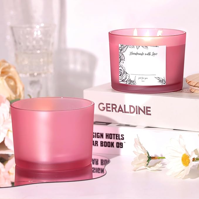 6 Pack Glass Candle Jars with Lids (16oz, Frosted Pink) - Large Candle Jars for 3 Wick Candles Making - Empty Candle Jars Containers - Candle Making Accessories include 16Pcs Candle Labels