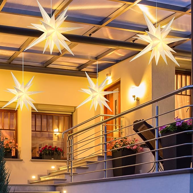 21 Inches White Large Moravian Stars Lights Warm White Hanging Outdoor Christmas Light LED Hanging Star Lights 3D Christmas Tree Topper Star for Holiday Wedding Porch Decor