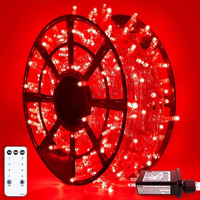 JMEXSUSS 500 LED Red Christmas Lights Indoor Outdoor, 163 FT Clear Wire Red Lights Plug in, 8 Modes Christmas Tree Lights Outdoor Waterproof for Xmas Tree Bedroom Room Halloween