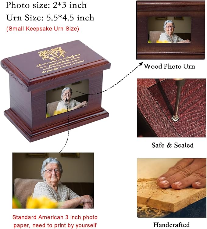 5.5 Inches Small Wood Urns for Ashes, Funeral Memorial Urns with Photo Frame, Small Urns Keepsake Wooden Urns Box and Casket, Picture Frame Keepsakes Urns for Human/Pet Ashes-Tree