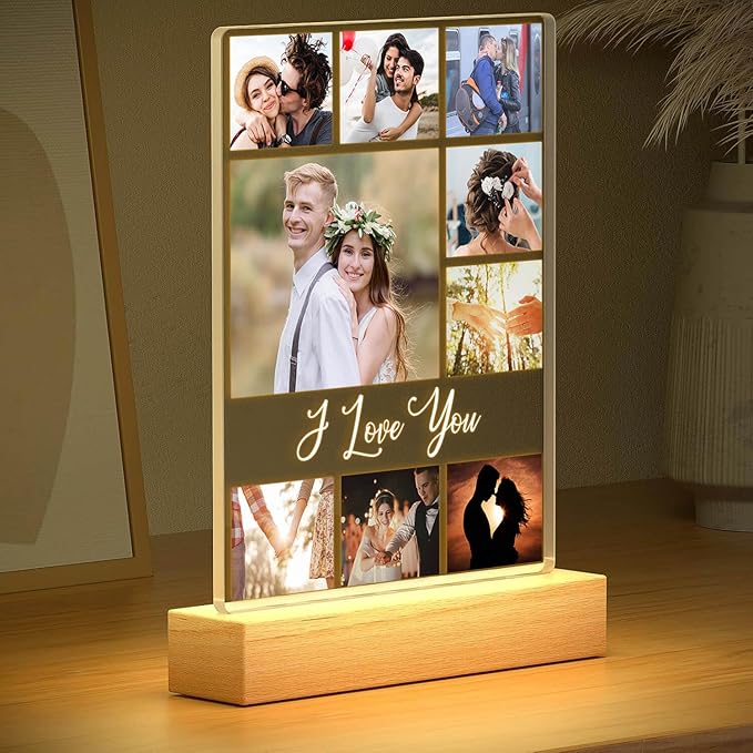 Custom Picture Frame with Photo, Personalized Photo Frame with Night Light, Customized Picture Frames, Christmas Anniversary Couple Gifts for Women Men Her Him Girlfriend Boyfriend