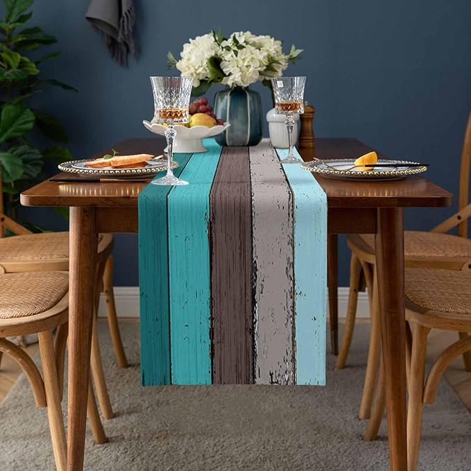 Table Runners 13X120 Inches Extra Long, Ombre Peacock Blue Gray ,Cotton Linen Farmhouse Retro Rustic Barn Wood Texture Tablecloths Non-Slip Party Table Decorations for Kitchen ,Home ,Dining ,Outdoor,