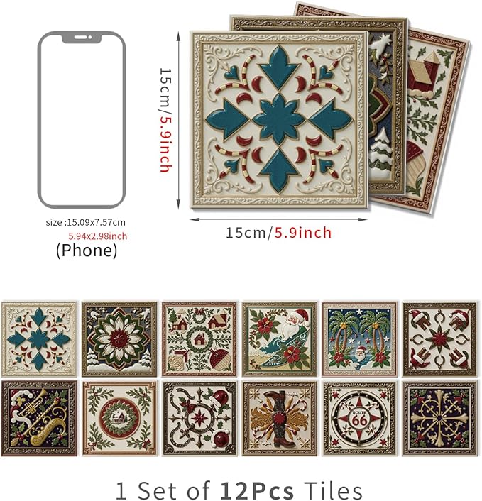 Christmas Peel and Stick Tile, 12-Count 5.9x5.9 Inch Waterproof Backsplash, Removable Sticker for Kitchen and Bathroom Wall
