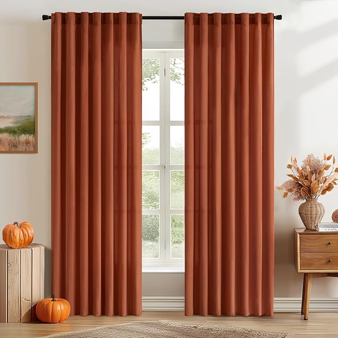 EMEMA Fall Burnt Orange Privacy Sheer Curtains 63 Inch Length, Non-See-Through Light Filtering Semi Sheer Curtains for Bedroom Living Room, Window Drapes That Let Light in, 52x63 Inch, 2 Panels