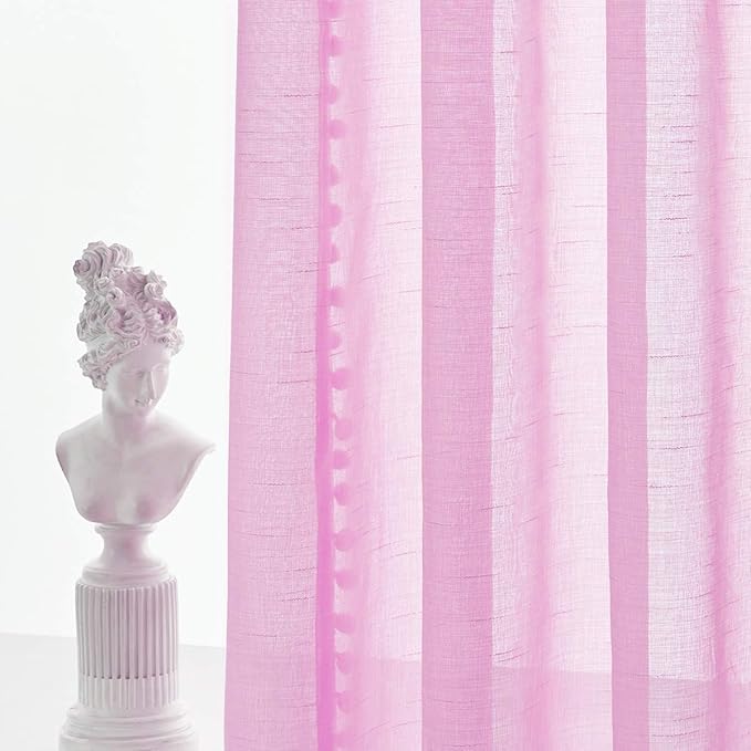 Treatmentex Pom-Pom Sheer Curtains for Girl's Room Linen Textured Pink Sheer Window Drapes for Bedroom 52" w x 63" L, 2Panels, Red, Rod Pocket
