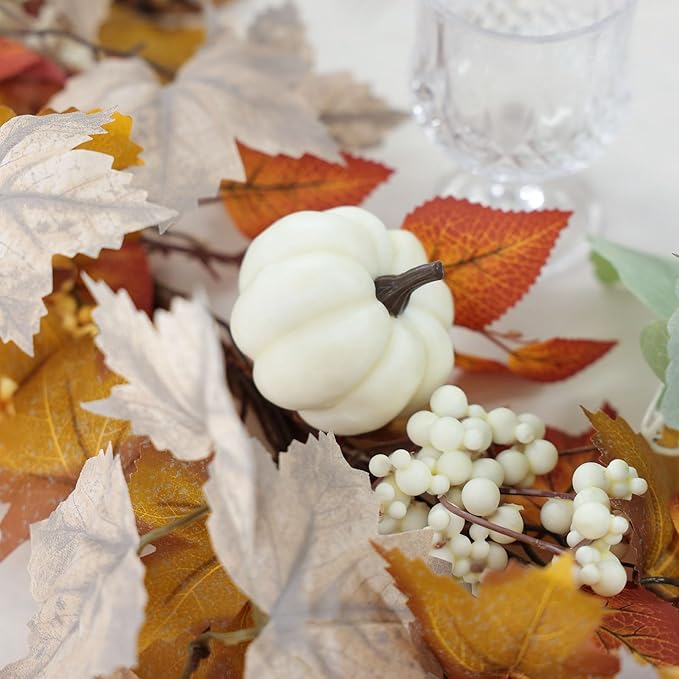MIZII Fall Decor Artificial Maple Leaf Pumpkin Garland 6FT Fake Autumn Vines Garland Thanksgiving Halloween Harvest Decorations for Porch Mantle Table Centerpieces Fireplace Farmhouse (White PK)