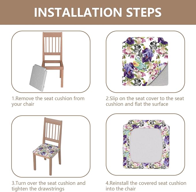 Stretch Dining Chair Seat Covers Set of 8,Dining Chair Slipcovers, Floral Printed Chair Covers,Soft Fabric Washable Upholstered Chair Seat Protector, No Rear Covers for Home Kitchen Dining Room