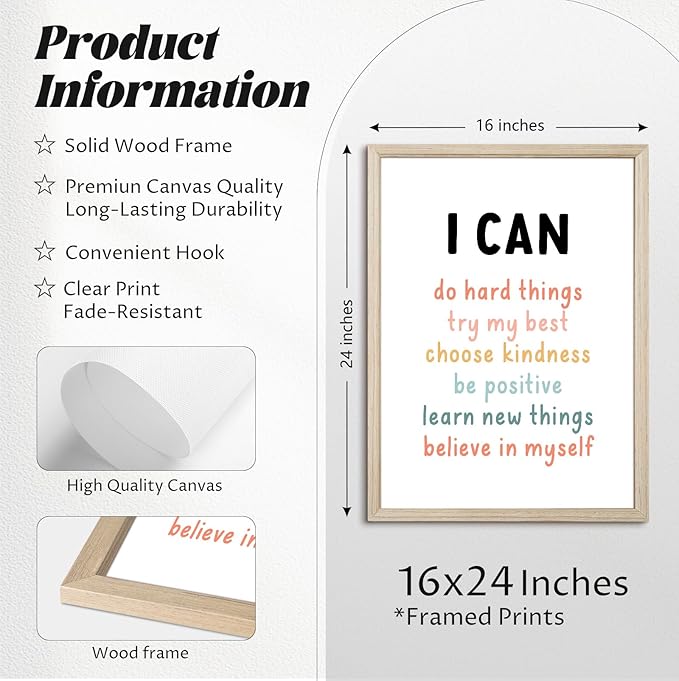 Kids Affirmation Wall Art Positive Canvas Wall Decor Inspirational Quotes Wall Art Motivational Words Pictures Daily Affirmations Poster Nursery Prints for Playroom Children Room 16x24x3 Inch Framed
