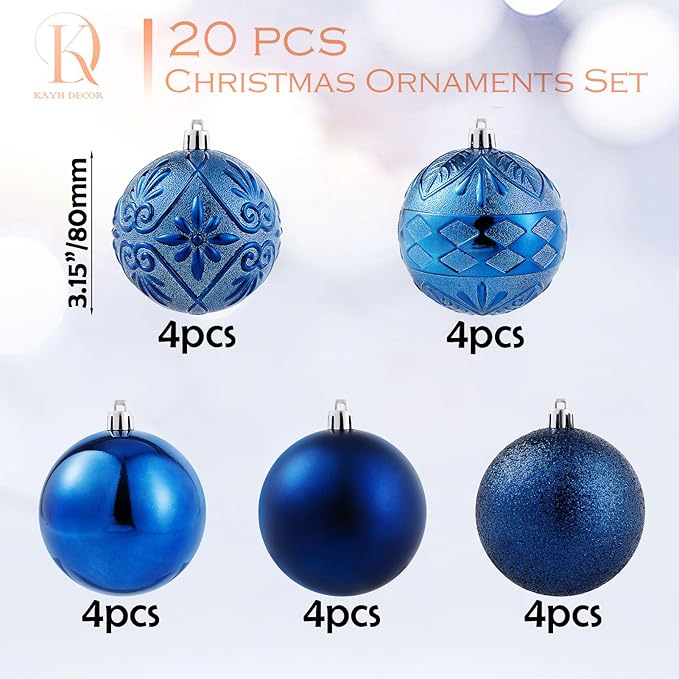 20ct Navy Blue Christmas Ball Ornaments Shatterproof Plastic Christmas Tree Decorations for Xmas Party Home Office Holiday Decor -Large Size (3.15", 80mm)