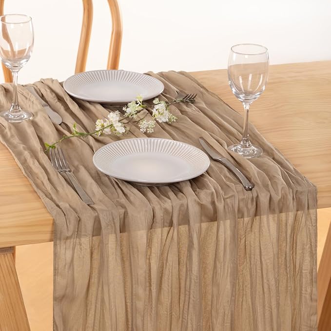 MLMC Nude Cheesecloth Table Runner 10ft Boho Gauze Taupe Cheese Cloth Table Runner Rustic Neutral Centerpiece Decor 35x120 Inches for Wedding Farmhouse Reception Home Decor