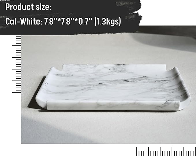 Astavostone White Marble Tray 8'' – Luxurious Square Decorative Tray for Fruit, Desserts, Candles, Key Jewelry & Perfume on Coffee Table, Island & Bathroom Vanity (Cal-White)