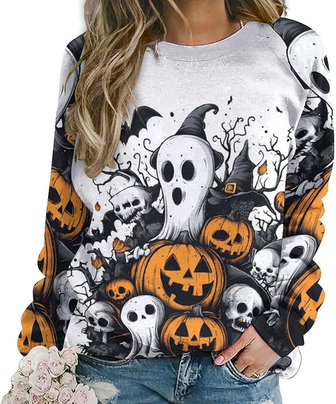 Halloween Sweatshirts for Women Funny and Spooky Print Crewneck Oversized Pullover Outdoor Lounge Fashion Sweater