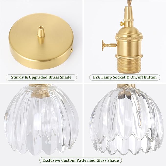 Pendant Light with Clear Tulip Glass Lmapshade, Brass Vintage Pendant Light Adjustable Hanging Light for Kitchen Island Dining Room Hallway