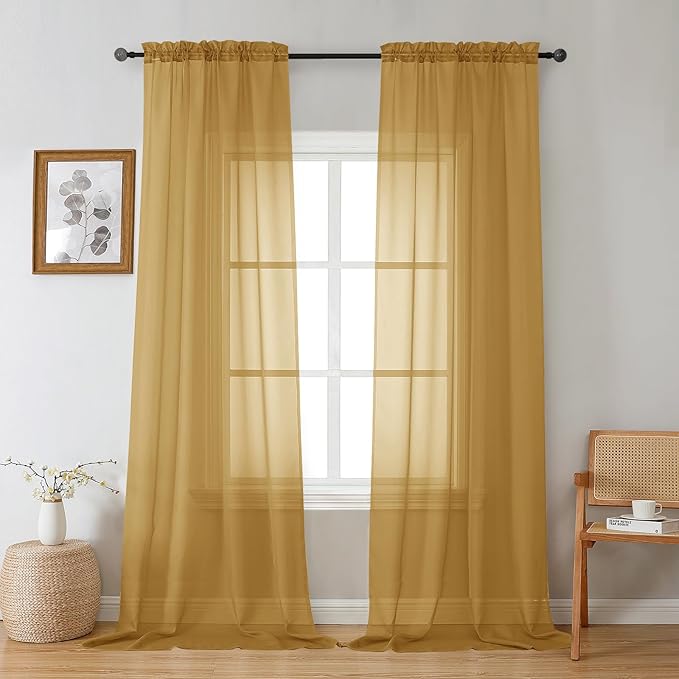 Gwine Gold Sheer Curtains 96 Inches Long 2 Panels, Elegant Window Treatments Voile Curtains for Living Room, Light Filtering Rod Pocket Sheer Drapes, Each 42" Wx96