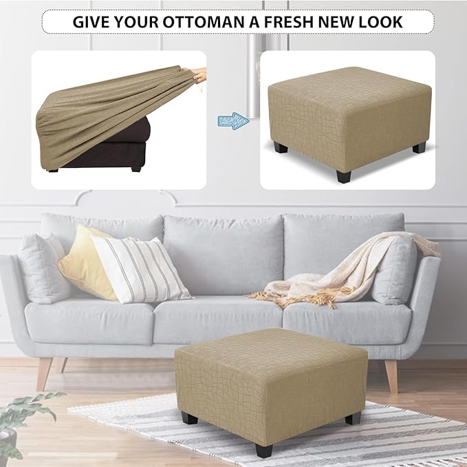 Square Ottoman Cover,Soft Stretch Jacquard Slipcover with Dual Waterproof Layers,Washable Furniture Protector for Pets,Medium,Khaki