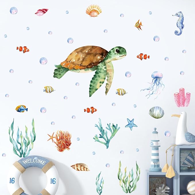 Large Summer Ocean Window Clings Decals, Watercolor Sea Turtle Jellyfish Bubbles Wall Stickers, Peel and Stick Ocean Anmial Wall Decor for Bedroom Bathroom Window School Nursery Decoration