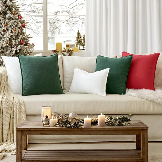 EMEMA Christmas Throw Pillow Covers Decorative Linen Pillow Covers 20x20 Inch Green Boho Farmhouse Neutral Couch Throw Pillows for Bed Pack of 2 Accent Pillowcase Modern Sofa Cushion Livingroom Home