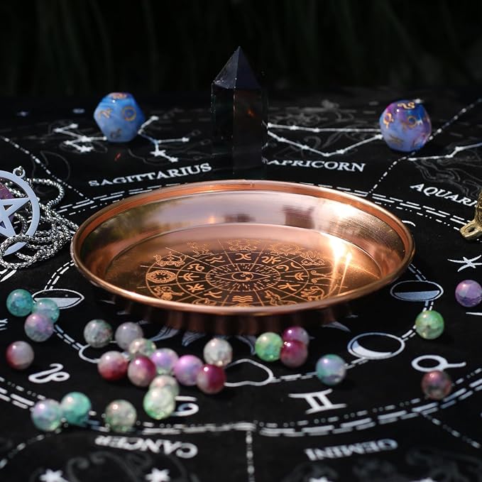 Copper Offering Bowl Prayer Ritual Plate Great for Altar,Incense Burner, smudging Bowl, Offering Dish,Candle Trays, Ash Catcher,Jewelry Dish(Twelve Tonstellations)