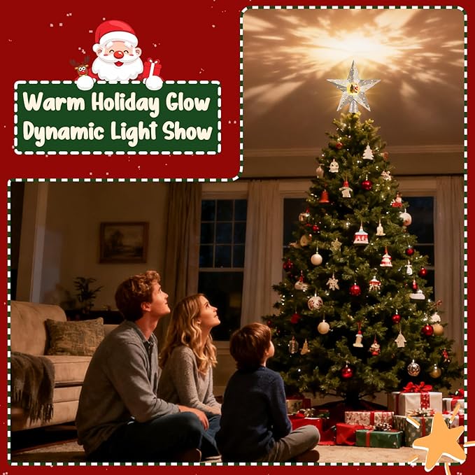 Silver Rotating Christmas Tree Topper Star with Santa Scene, 4 Warm Yellow LED Lights, Spinning Motion, Glitter Silver Finish, Tree Decoration with 9.8FT Power Cord for Holiday Home Decor