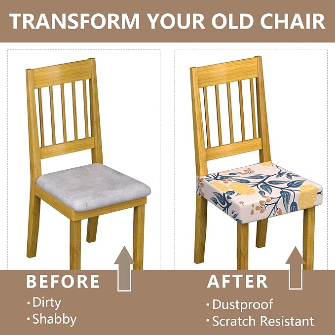 Stretch Dining Chair Seat Covers Set of 4,Dining Chair Slipcovers, Floral Printed Chair Covers,Soft Fabric Washable Upholstered Chair Seat Protector, No Rear Covers for Home Kitchen Dining Room