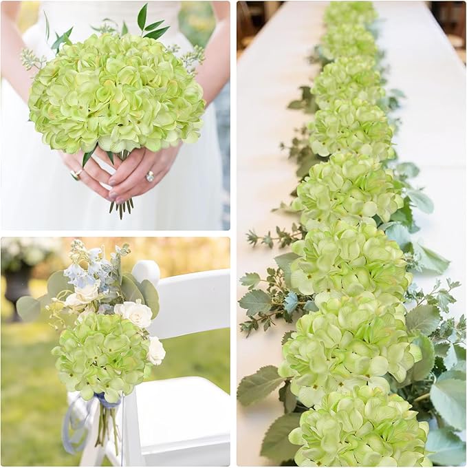 Hollyone 6 Pcs Green Hydrangea Artificial Flowers Heads with Stems Silk Faux Hydrangea Green Fake Flowers for Home Indoor Outdoor DIY Floral Wedding Flower Bouquets Kitchen Table Centerpiece Decor