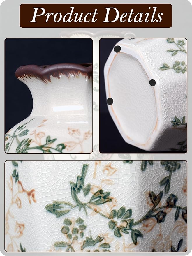 Vintage Ceramic Vase - 9 Inch Hand-Painted Flowers with Ice Crackle Glaze Finish, American Farmhouse Style Pitcher Vase for Home Decor, Centerpiece, Shelf, Table, Office