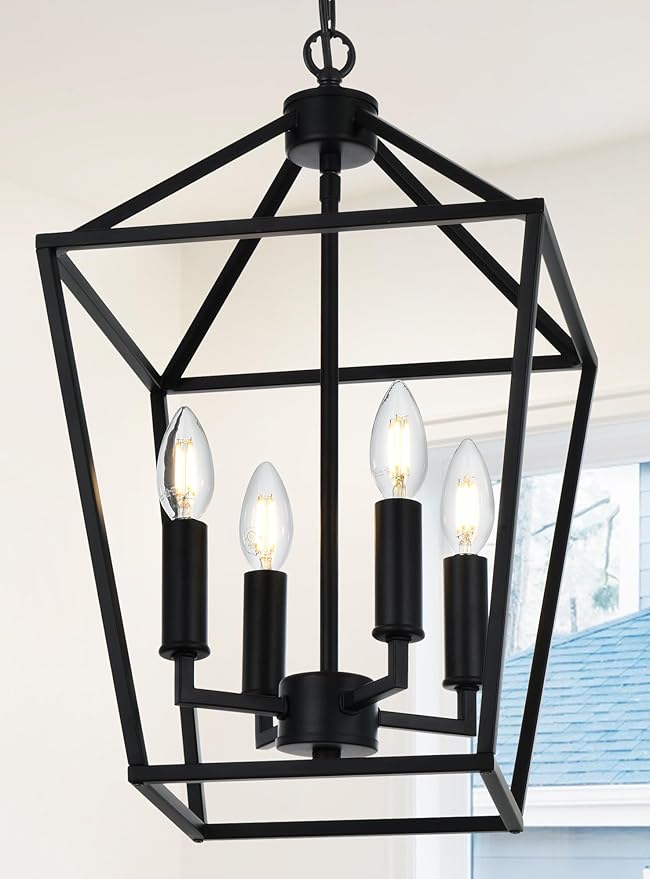 MELUCEE Farmhouse Chandelier 4 Lights Lantern Pendant Light in Black Finish Vintage Openwork Cage Hanging Light Ceiling for Kitchen Island Dining Room Hallway Entryway, E12 Base