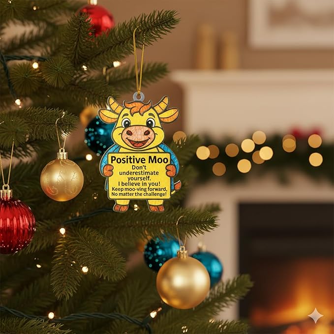 Highland Cow Ornaments for Christmas Tree, HighlandCow Ornament, Highland Cow Gifts for Woman, Positive Moo Ornament, Cute Holiday Decor for Animal Lovers, Motivational Farmhouse Christmas Keepsake