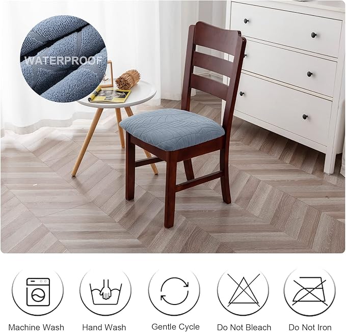 Genina Waterproof Seat Covers for Dining Room Chairs, Stretch Chair Covers Removable Washable Dinning Room Kitchen Chair Seat Cushion Slipcovers (Leaves-Light Blue, 4 PCS)