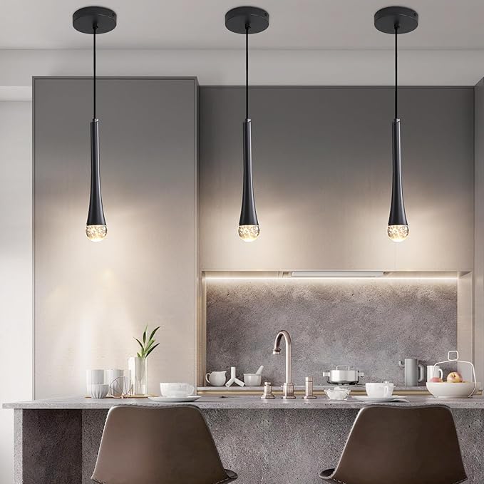 Modern Black LED Pendant Light, Kitchen Island Ceiling Hanging Lights, Teardrop Bubble Crystal, 3 Color 2700K/4500K/6500K, Bedside Small Chandeliers Lamps for Bar, Dining Room, Bathroom, Hallway