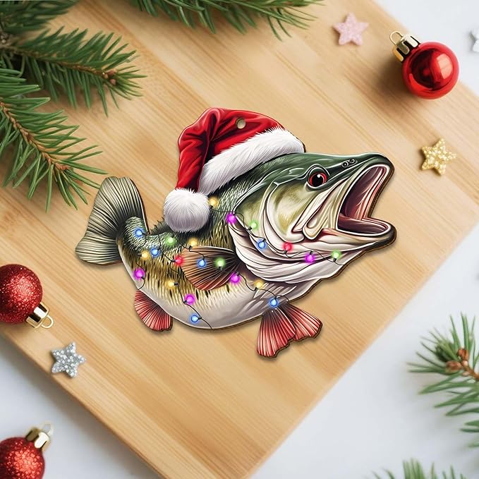 Largemouth Bass Fish Christmas Tree Keepsake Ornaments, Fishing Themed 2 Side Printed Flat Wooden Ornament, Animal Xmas Hanging Decor