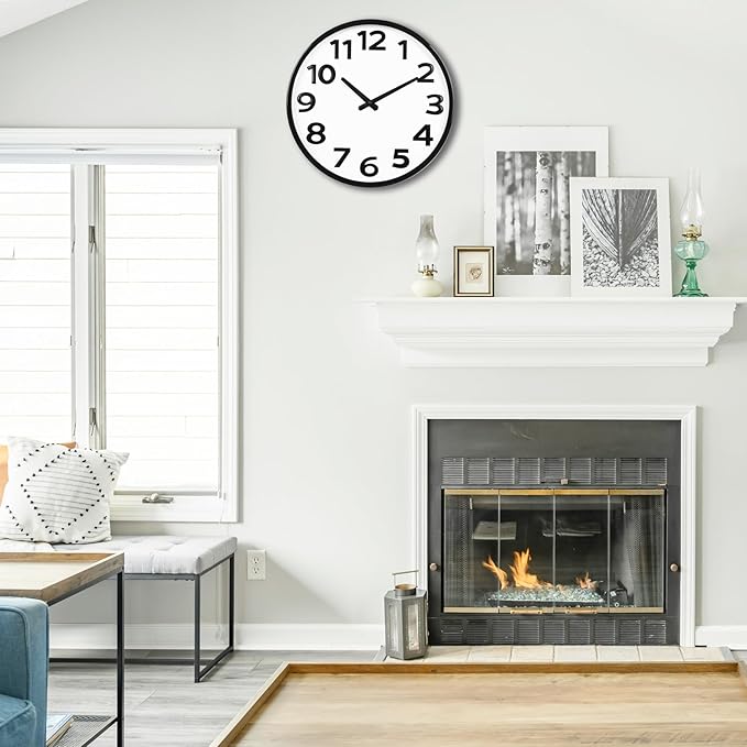 16 Inch Wall Clock Battery Operated Silent with Big Numbers Easy to Read, Analog Quartz Round Modern Large Clocks for Living Room Office Decor