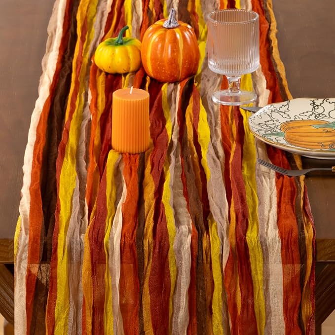 Socomi Fall Stripe Table Runner Cheesecloth Gauze Thanksgiving 120 Inch Rustic Boho Cheese Cloth Runner for Wedding Party Baby Bridal Shower Decoration Holiday Home Decorations