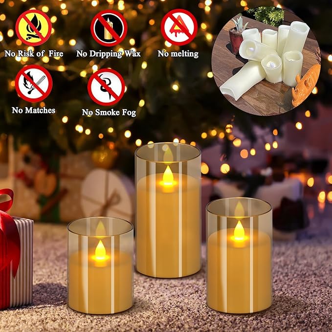 Flameless Candles 4" 5" 6" Set of 3 Acrylic Glass Pillars 3" Diameter Battery Operated Flickering Candles Include 10-Key Remote with Timer Function 400+ Hours (Amber, Warm Light 9 Pack)