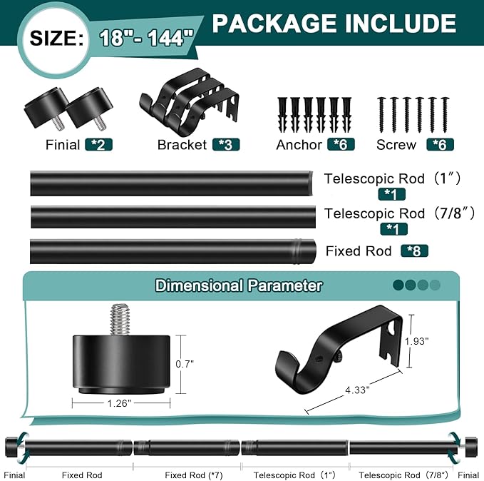 Black Curtain Rods 72-144 Inch, 1" Heavy Duty Extra Long Adjustable Wall Mount Drapery Rod, Telescoping Sectional Design for Large Windows, Outdoor Patio, Modern End Cap Finials