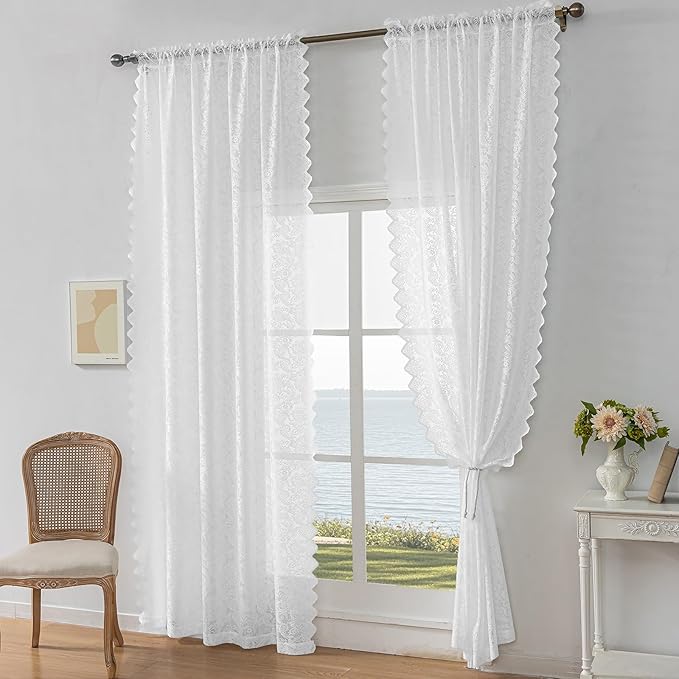 Pure White Lace Sheer Curtains – Vintage Floral Lace for Living Room/Bedroom, Light Filtering Rod Pocket Window Drapes Privacy Chic Window Treatments, 52W x 108L Inch, 2-Panel Set