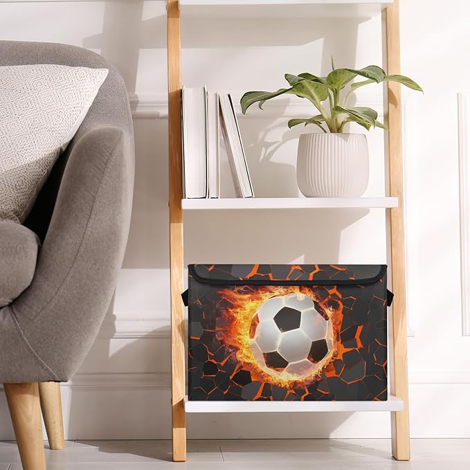 Closet Storage Bins with Lids, Cool Soccer Storage Baskets for Organizing, Large Cube Box Closet Organizers with Handles, Home Office Decorative Wardrobe Boxes for Organization (27 Quart)