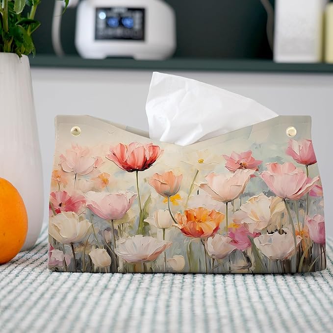 Spring Floral Leather Tissue Box Cover Rectangle, Tulip Flower Toilet Paper Box Holder,Flower Decorative Facial Paper Case for Farmhouse Living Room Bathroom Kitchen Office Desk,9.8x5.9x5.9In