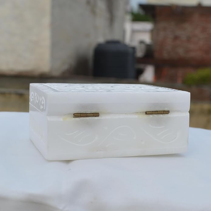 Vintage Onyx Marble Alabaster lid Hinged Footed Trinket Jewelry Box 3x4 inch - Decorative Treasure Box With Engraved Art, Trinket Box | Mini Storage Chest For Jewelry Memento Holder For Miscellaneous