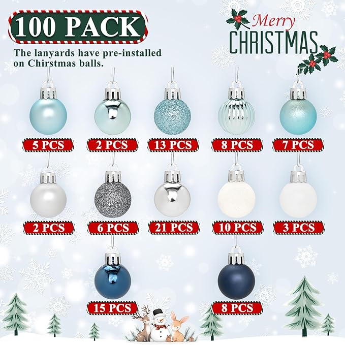 100 Pcs Mini Christmas Ball Ornaments Set, 1.18'' Silver and Blue Small Shatterproof Xmas Tree Ornament Hanging Ball Bulk Decorations for Holiday Party, Wreath, Garland, Winter Decor