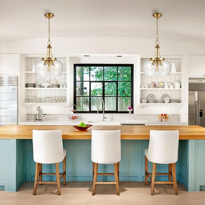 Modern Gold Pendant Light Mid Century 3-Light Clear Glass Pendant Lighting with Adjustable Chain Brass Glass Pendant Lights Kitchen Island for Dining Room Bedroom Living Room