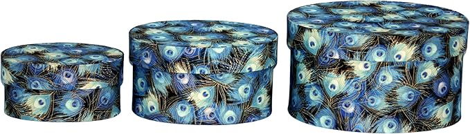 Sarah's Hat Boxes – Peacock Feathers Decorative Gift Box Set of 3 | Elegant Reusable Storage Boxes for Gifts, Keepsakes, Jewelry, or Special Items | Unique Printed Design