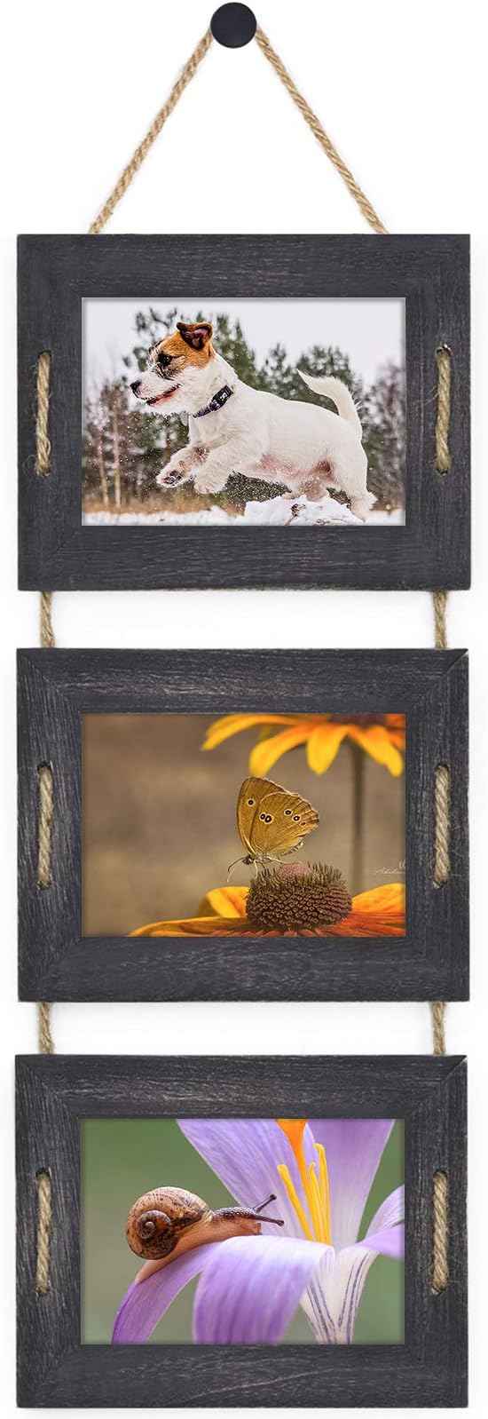 DLQuarts 5x7 Hanging Picture Frames Collage Wall Decor, 3-Opening Photo Frames 5x7 Without Mat & 3.5x5 with Mat, Rustic Wood 3-Frame, Weathered Black