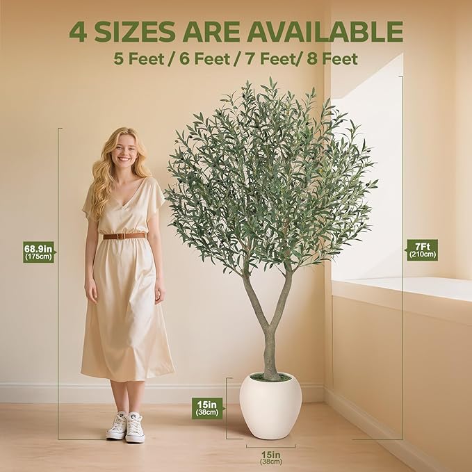 Olive Trees Artificial Indoor,7Ft Large Faux Plants,Tall Fake Tree with 15in White Round Planter,Full & Lush Faux Olive Tree for Home Decor Living Room, Office or Bedroom,Housewarming
